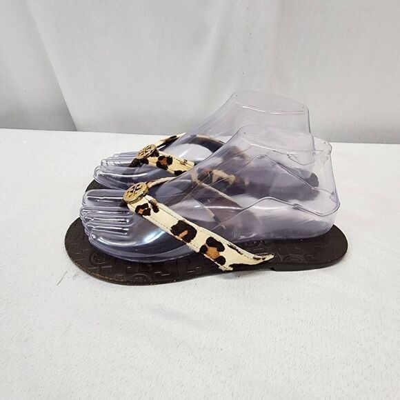 Tory Burch Thora Flip Flops Animal Print Fur Strip Gold Logo Sandals Size 7 - Picture 4 of 8